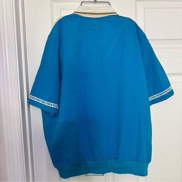 Teddi Vintage 80’s White and Teal Half Button Up Shirt with Shoulder Pads - Picture 4 of 7
